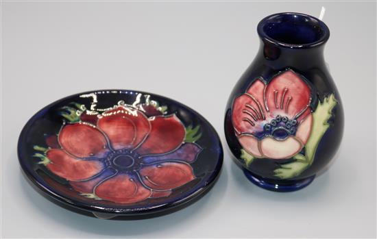 Moorcroft Anemone pattern blue ground small vase (limited edition) and a similar pin dish